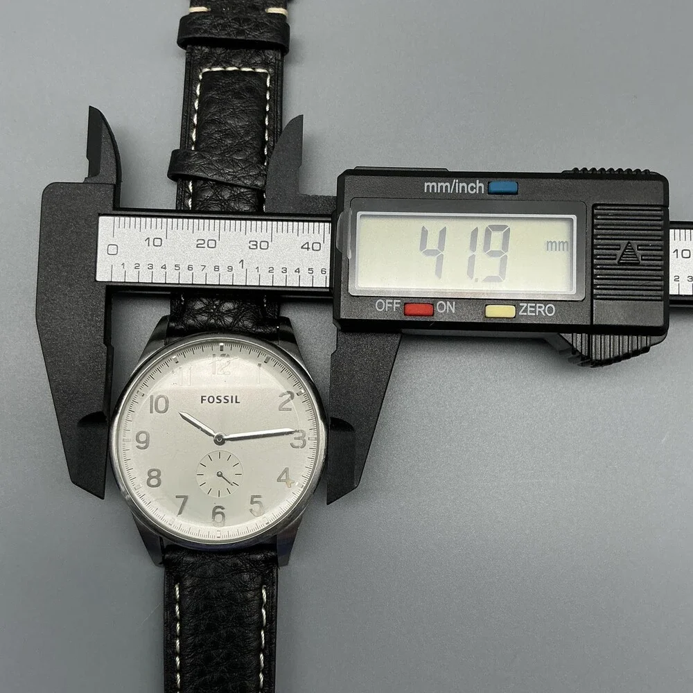 Fossil Mens Watch 42mm Silver Tone Black Leather Small Seconds New Battery